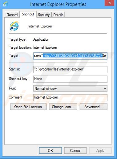 Xóa safefinder.com khỏi lối tắt của Internet Explorer Bước 2