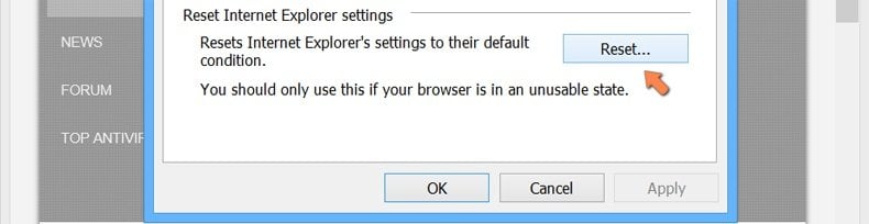 Đặt lại cài đặt Internet Explorer thành mặc định trên Windows 8 - nhấp vào nút Đặt lại trên tab Tùy chọn Internet nâng cao