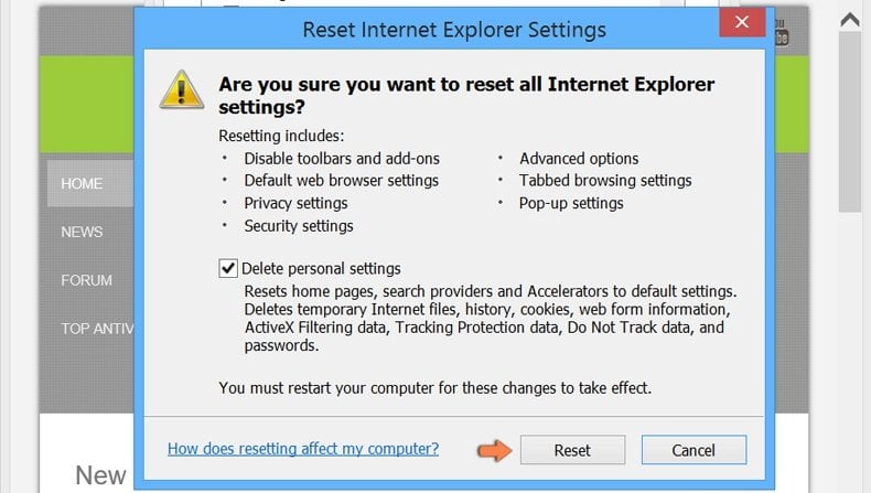 Đặt lại cài đặt Internet Explorer thành mặc định trên Windows 8 - xác nhận cài đặt lại thành mặc định bằng cách nhấp vào nút đặt lại