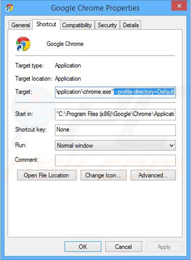 Xóa safefinder.com khỏi phím tắt Google Chrome mục tiêu ở bước 2