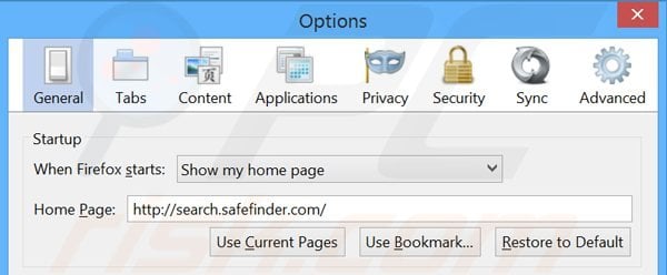 Loại bỏ search.safefinder.com khỏi trang chủ Mozilla Firefox